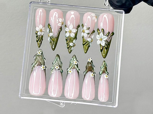 Sculpted Floral Press On Nails | Glossy Green Leaf Nail Art | Ethereal Spring Press Ons | Elegant Flower Tips Fake nails | Luxury | OB944LK
