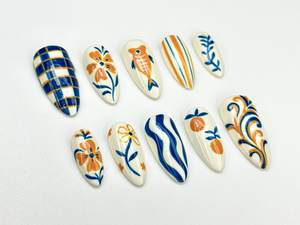 Summer Pottery Press On Nails | Blue Orange Floral Nail Art | Greek Pattern Summer Nails | Hand Painted Ceramic Style Nails | OC910HK