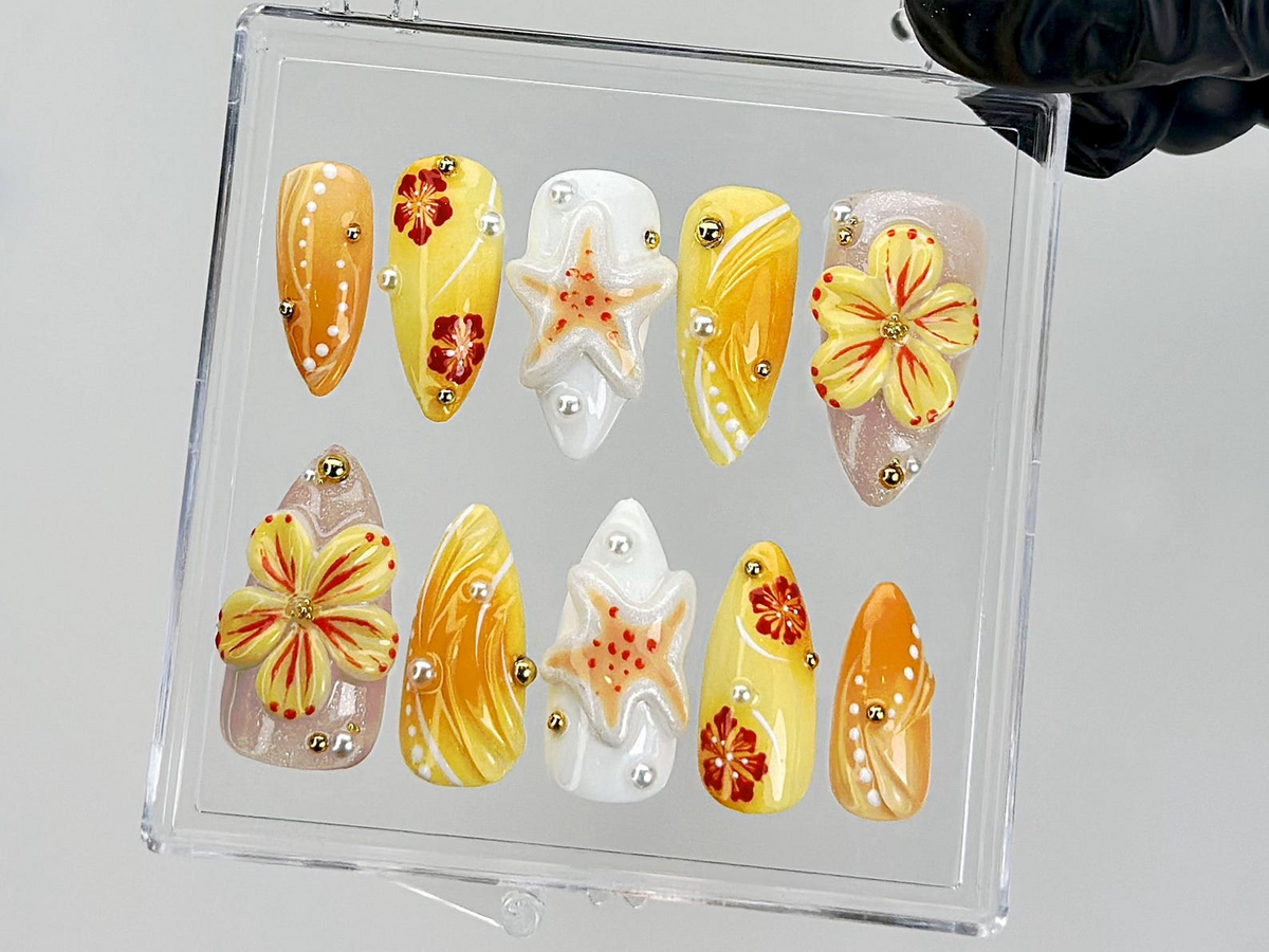 Tropical Summer Press On Nails | 3D Flower & Starfish Fake Nails | Beach Vibes Nail Art | Orange Yellow Floral Press Ons | Summer | OB881YK