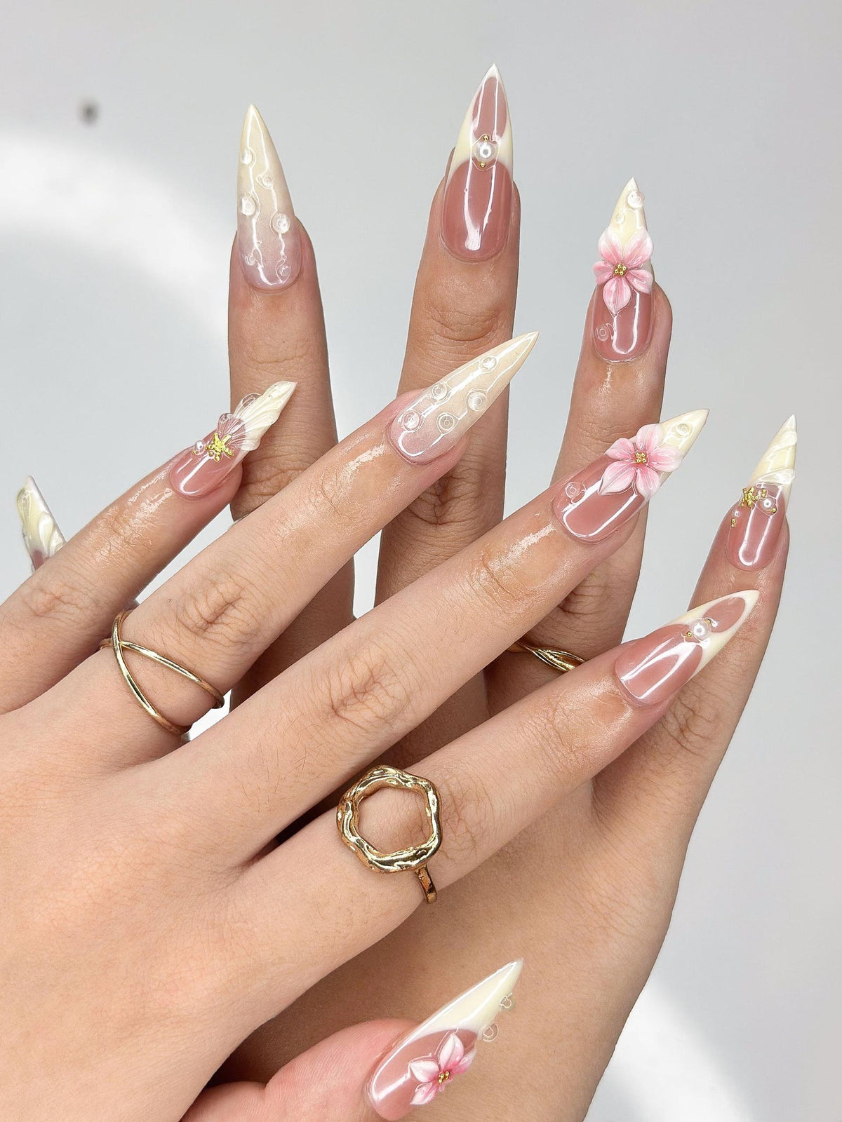 3D Pink Lily & Lemon French Nails | Summer Ocean Shell Press Ons | Luxury Tropical Botanical Stiletto Art | OB373IC