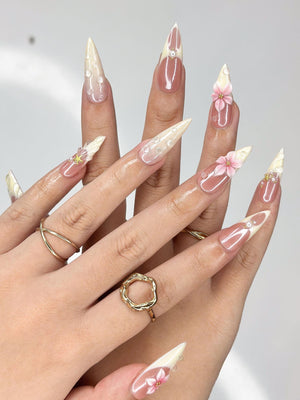 3D Pink Lily & Lemon French Nails | Summer Ocean Shell Press Ons | Luxury Tropical Botanical Stiletto Art | OB373IC
