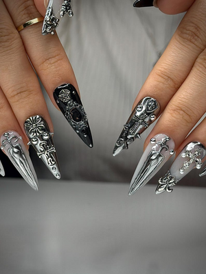 Gothic Silver Sword Press On Nails | 3D Cross & Dagger Nail Art | Handmade Dark Fantasy Nails | Medieval Armor Inspired Press Ons | OB159HK