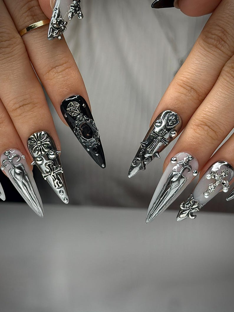 Gothic Silver Sword Press On Nails | 3D Cross & Dagger Nail Art | Handmade Dark Fantasy Nails | Medieval Armor Inspired Press Ons | OB159HK