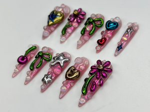 Metallic Bubble Press On Nails | 3D Y2K Chrome Star Heart Nails | Funky Cute Cherry Bow Nail Art | Iridescent Pink Press On Set | OB815HK