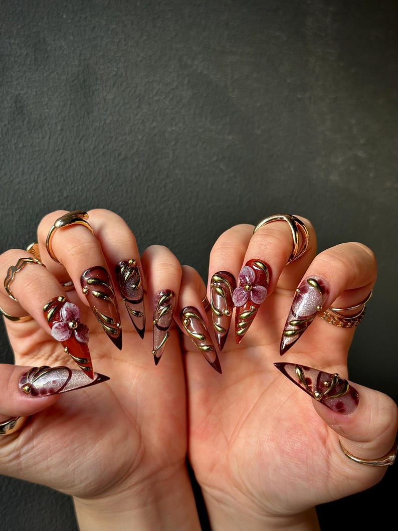 Fall Orchid Press On Nails | Burgundy Floral Nail Art | Luxury Handmade Long Nails | Stiletto Nail Design | Autumn Nail Collection | OB169HK