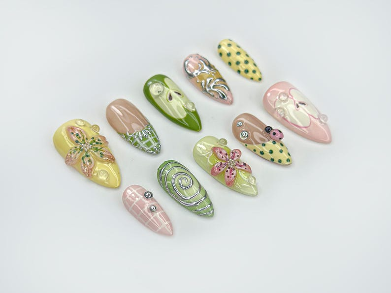 Green Garden Press On Nails | 3D Floral Accents, Ladybug Charms & Whimsical Pastel Nail Art | Handmade Nature-Inspired Nail Set | OB123EC