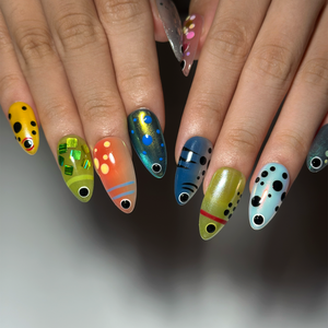 Summer Alien Eye Chrome Press On Nails, Summer Short Almond Abstract Nails, Beach Party Nails For Cute Funky Vacation Outfit Photos| OB420LC