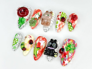 Kawaii Cat & Ladybug Press-On Nails | 3D Cute Nail Art | Funky Kawaii Fake Nails|Cat Leaf Ladybug Kawaii Nails |Kawaii Fun Nail Set |OB784YC