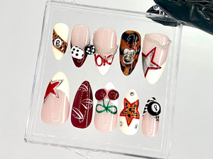Leopard and Chain Accent Press On Nails | Gaming Themed Nail Art | Stylish Red Star Fake Nails | Leopard Print Accent Press Ons | OC726YC