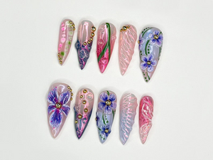 Floral Elegance 3D Press On Nails | Handcrafted Press On Nails with Delicate Flower Designs | Perfect for Spring and Summer | OB300SK