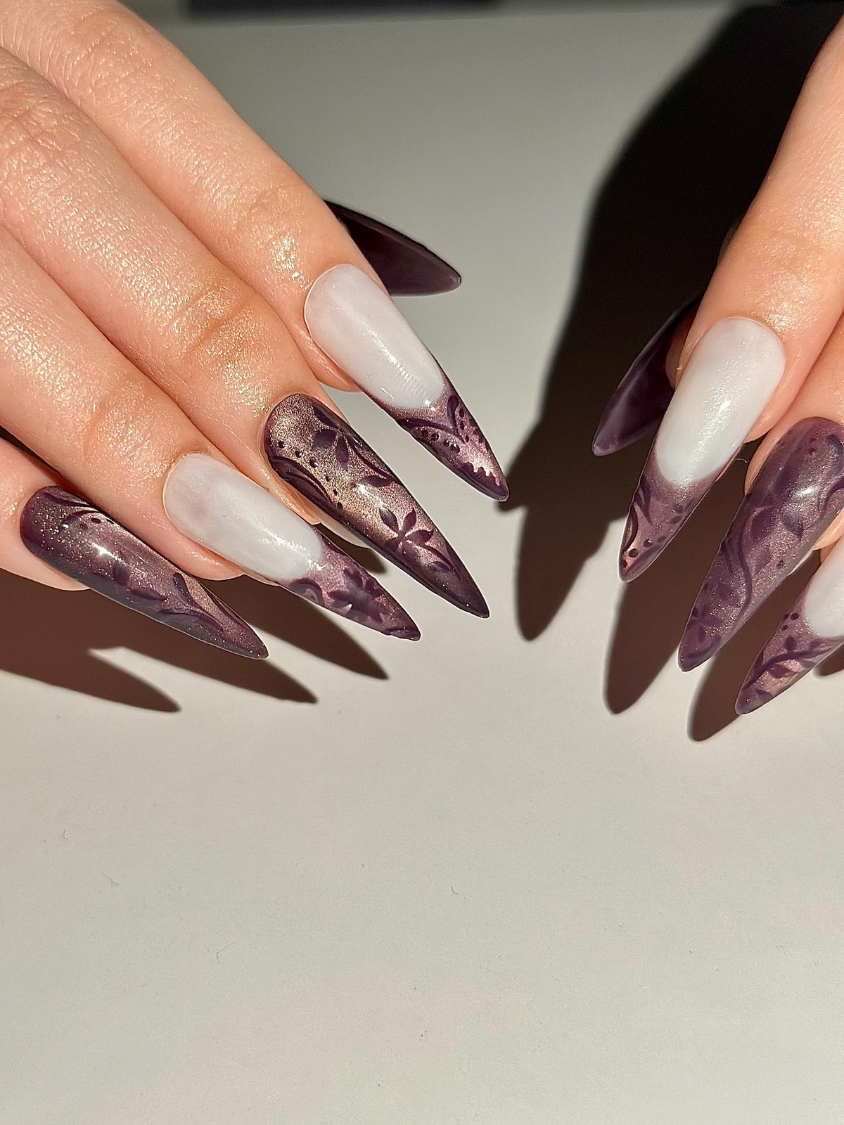 Dark Purple Cat Eye Press On Nails, Mystic Floral French Tip Nails, Ethereal Smoky Velvet Nails, Gothic Luxury Stiletto Fake Nails, OC1292HK