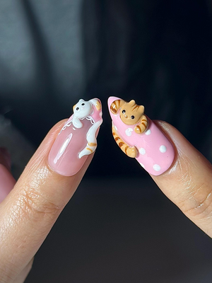 Cute Cat Pink Press On Nails | 3D Kitty Nail Art | Kawaii Pastel Plaid Nails | Handmade Character Nails | Soft Girl Cat Press Ons | OB323HC