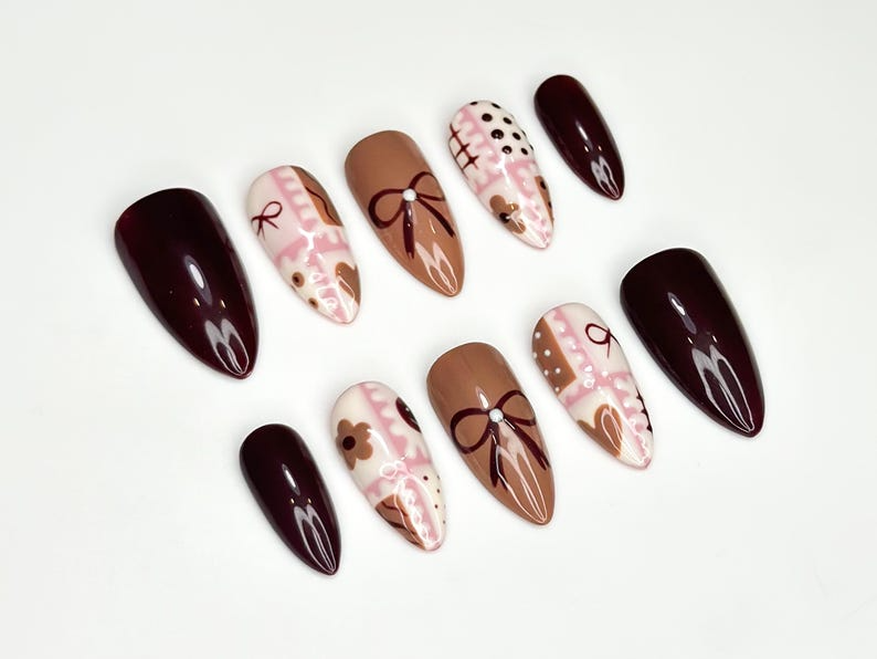 Chocolate Autumn Press On Nails | Sweet Treats-Inspired Nail Art | Soft Pink & Brown Handcrafted Design | Handmade Unique Nail Set | OB182HC