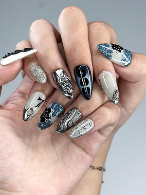 Kpop Inspired Indigo Voyage Nails | 7 Spirit Arirang Silver Shark Nails | Ocean Muse 3D Chrome Nails | Handmade Nails | OC357IC
