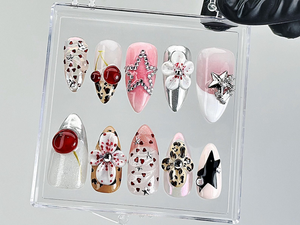 Leopard Print Star Press On Nails | 3D Rhinestone Fake Nails | Pink and Silver Nail Art | Cute Star Cherry Press Ons | Summer Nails |OB883YC