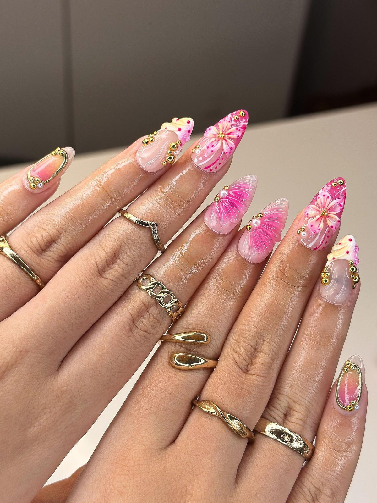 3D Pink Hibiscus & Seashell Nails | Tropical Floral Summer Press Ons | Luxury Gold Studded Mermaid Stiletto Art | Pink Ombre Nails| OB1342IC