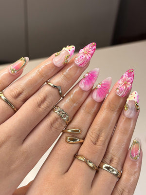 3D Pink Hibiscus & Seashell Nails | Tropical Floral Summer Press Ons | Luxury Gold Studded Mermaid Stiletto Art | Pink Ombre Nails| OB1342IC