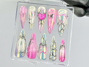 Chrome Pink Heart Press On Nails By DoryNails | Y2K Silver Mirror Design Fake Nails | Iridescent Butterfly Nail Art | Girly Nails| OC817Y