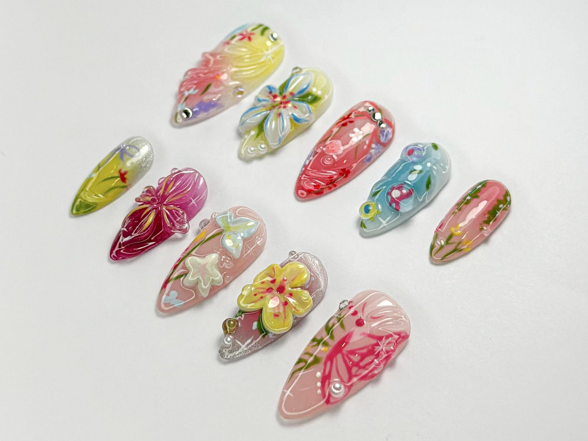 Spring Garden Bloom Press On Nails | Colorful Floral 3D Nail Art | Soft Pastel Press Ons | Handmade Elegant Set for Spring & Summer|OB751HK