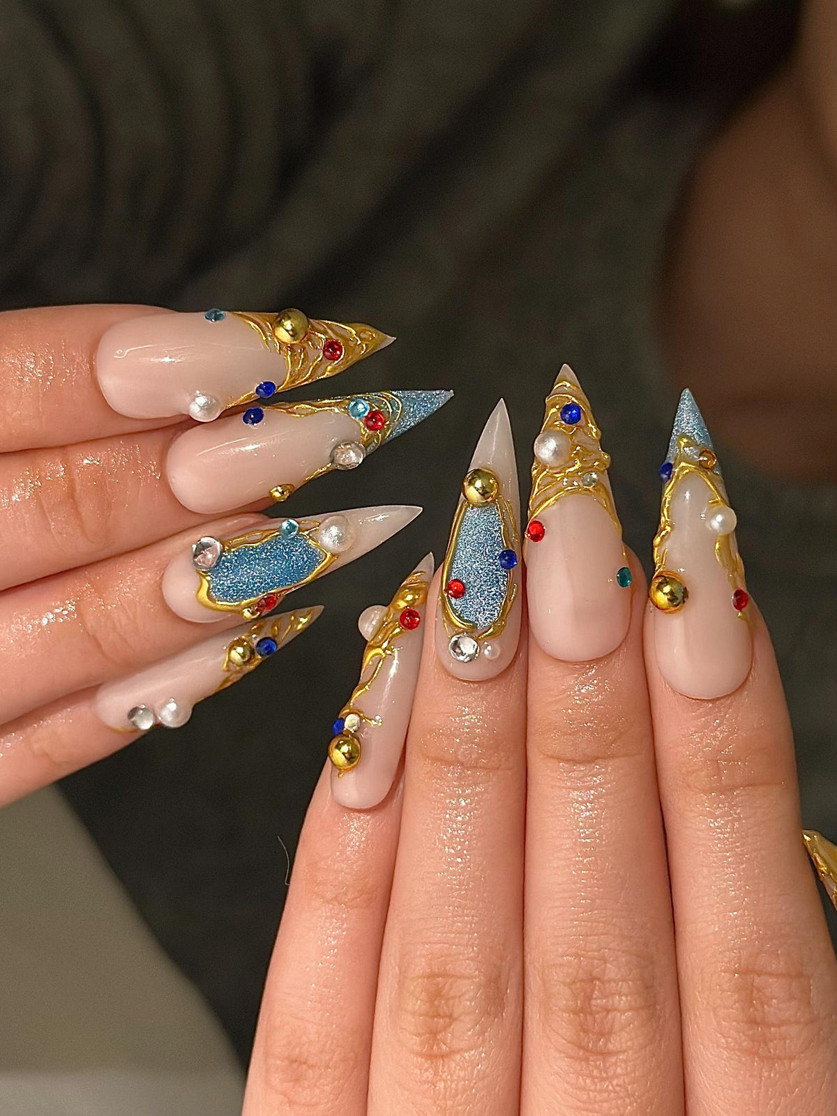 Luxury 3D Jewelry Press On Nails, Gold Filigree and Blue Gemstone False Nails, Royal Core Stiletto Nails for Gala or Wedding | OB1022HC