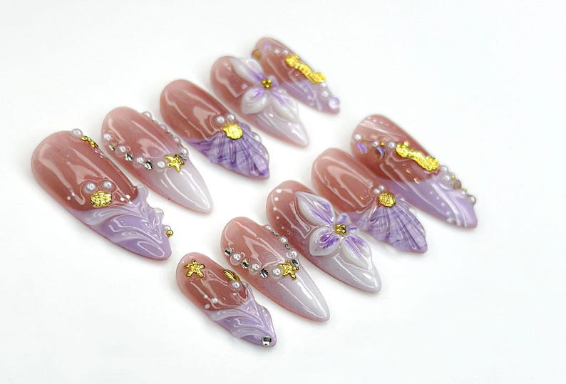 Lavender Ocean Bloom Press On Nails | 3D Seashell & Seahorse Nail Art | Purple Floral Mermaidcore Tips | Long Glossy Set | OC954EK