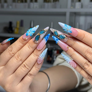Blue Ocean Press On Nails with 3D Flower and Gold Detail | Marble Coastal Nails in Almond Shape | Summer Vacation Nails for Beach | OC1309NC