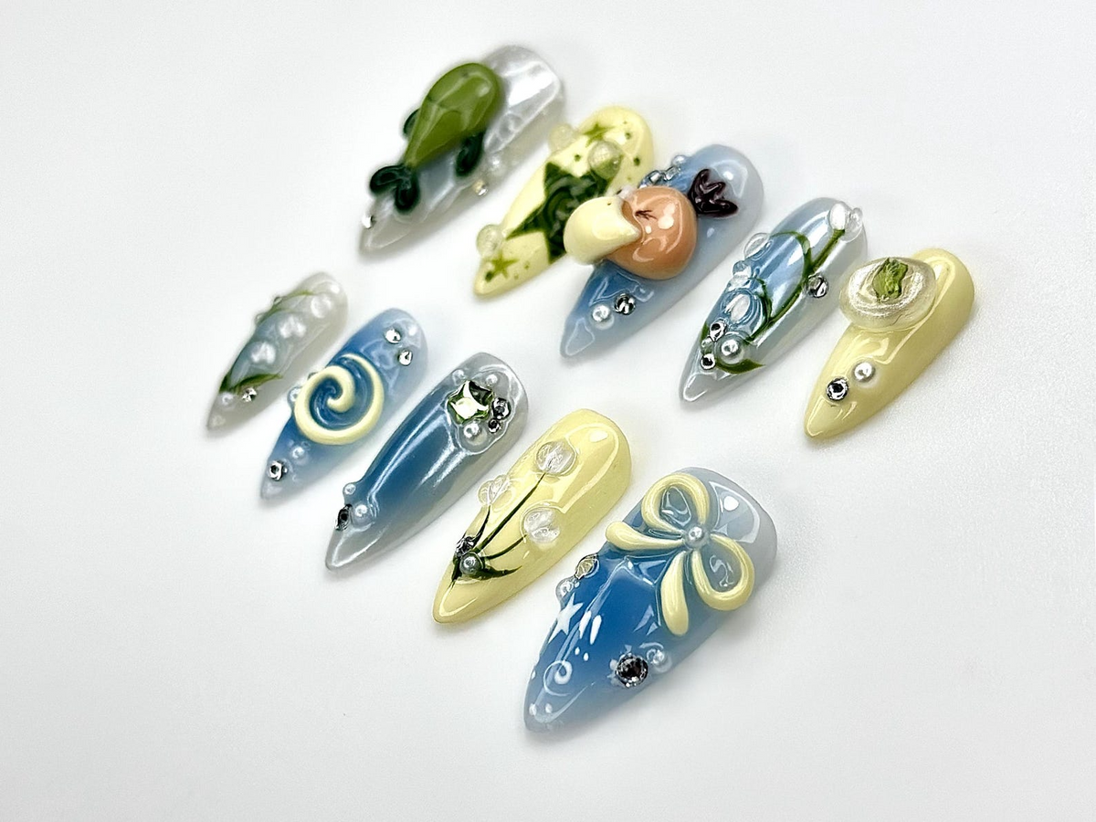 Forest Friends Duckling Press On Nails | Cute Turtle & Nature Nail Art | Lily of the Valley Nails | Green Blue Pastel Nails | OB973EC