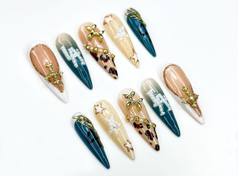 LA Safari Luxe Press On Nails | Western Pearl Letter Nails | Leopard & Cross Charm Nail Art | Glam Cowgirl Vibe | Edgy 3D Stiletto Nail Set OB940L