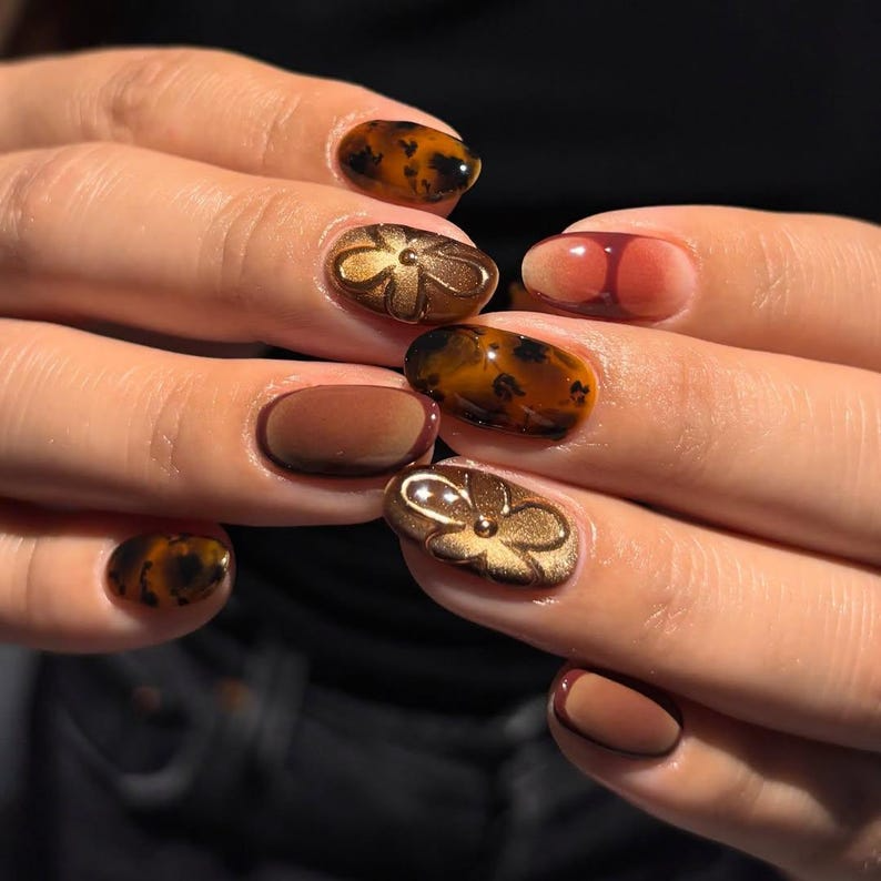 Autumn Burgundy Tortoiseshell Press On Nails | Gold Orchid Accent Nails | Gradient Fall Nail Art | Elegant Autumn Nail Set | OB187EC