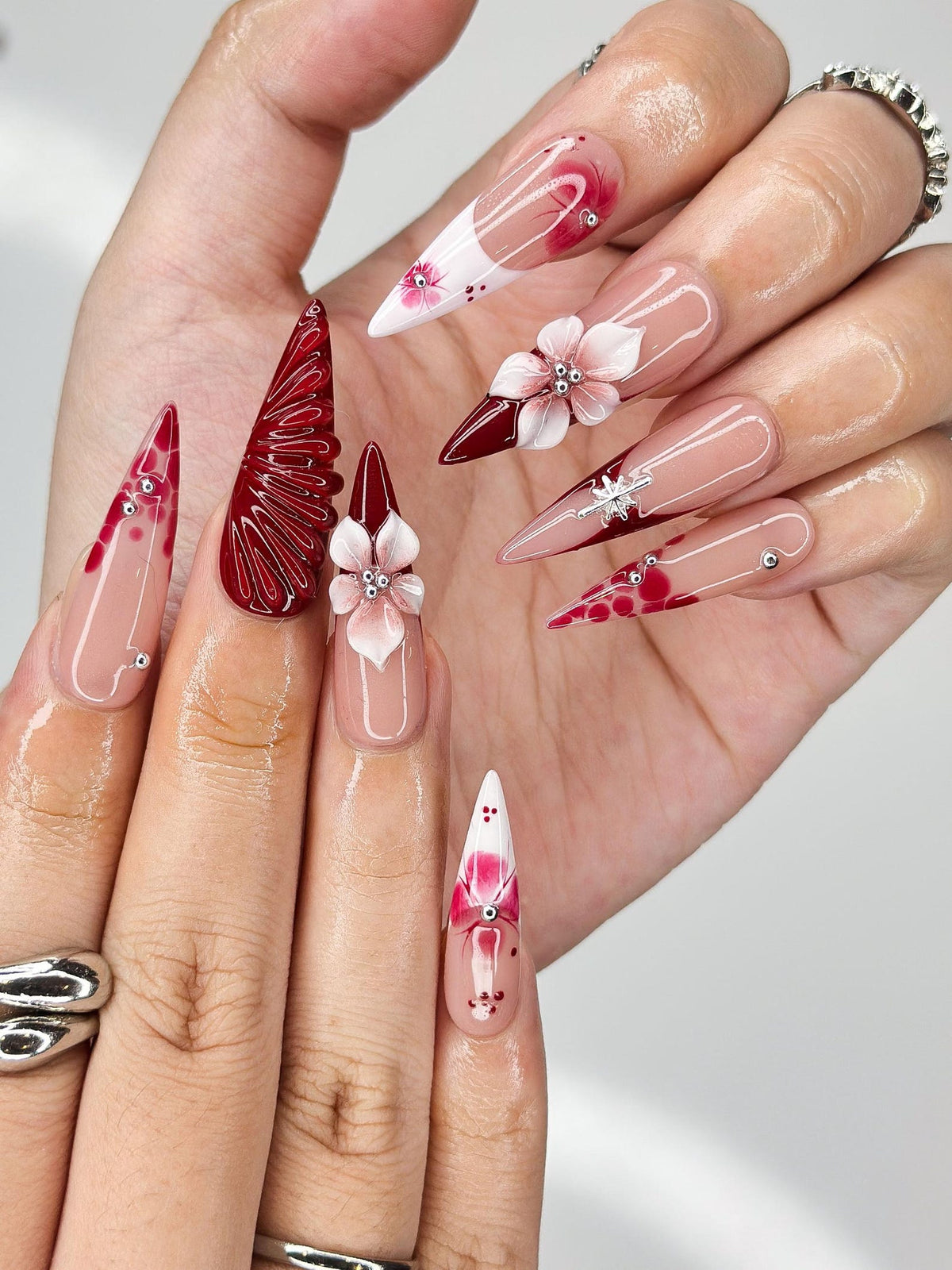 Deep Lily & Crimson Ripple Nails | 3D Floral Dark Red Press Ons | Luxury Moody Romantic Burgundy Stiletto Art | OB370IC