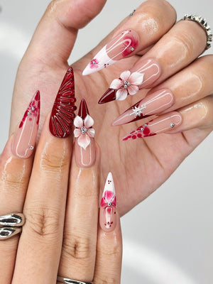 Deep Lily & Crimson Ripple Nails | 3D Floral Dark Red Press Ons | Luxury Moody Romantic Burgundy Stiletto Art | OB370IC