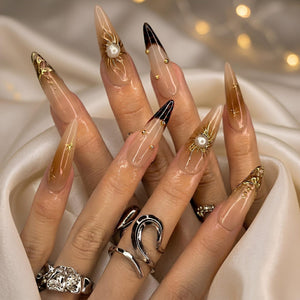 Gold Sun Pearl Press On Nails | Shiny Jelly Brown Nails | Luxury Gold Swirl Art | Bold Party Night | Elegant Prom Wedding Set | OB95DK
