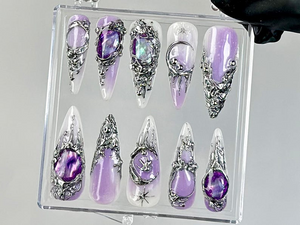 Gothic Purple Press On Nails | Dark Glam Fake Nails | Silver and Purple Nail Art | 3D Gothic Purple Fake Nails | Gothic Nails | OC737YC
