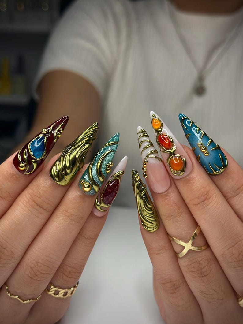 Colorful 3D Texture Press On Nails | 3D Gemstone Royalty Nail Art | Handmade Luxury Statement Nails | Elegant Fantasy Nail Set | OB148HK