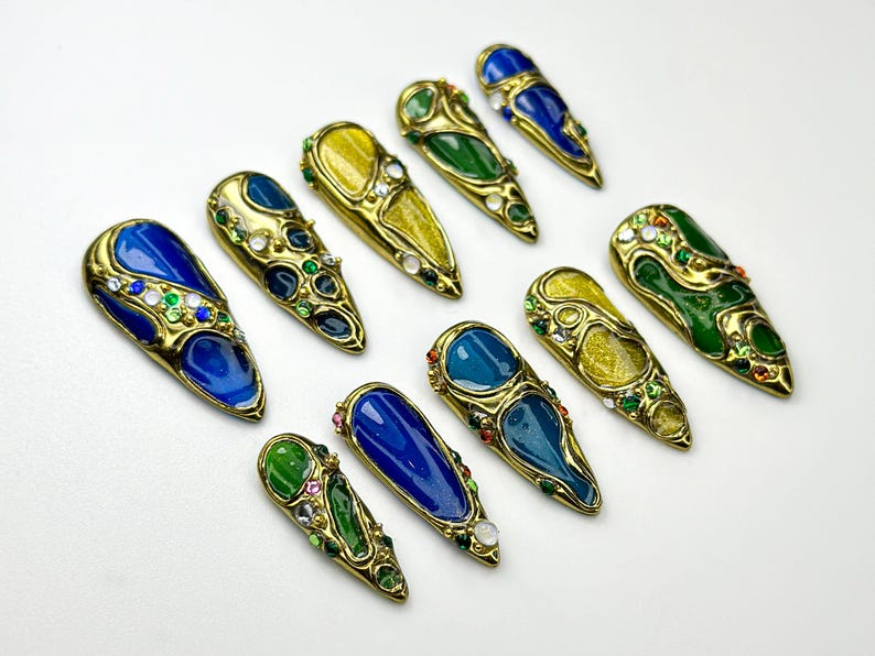 Luxury Gemstone Press On Nails | Blue, Green & Amber Enamel Stones Detail | Jewel-Encrusted Nail Set | Gold Jewel Nail Art | OB790HC