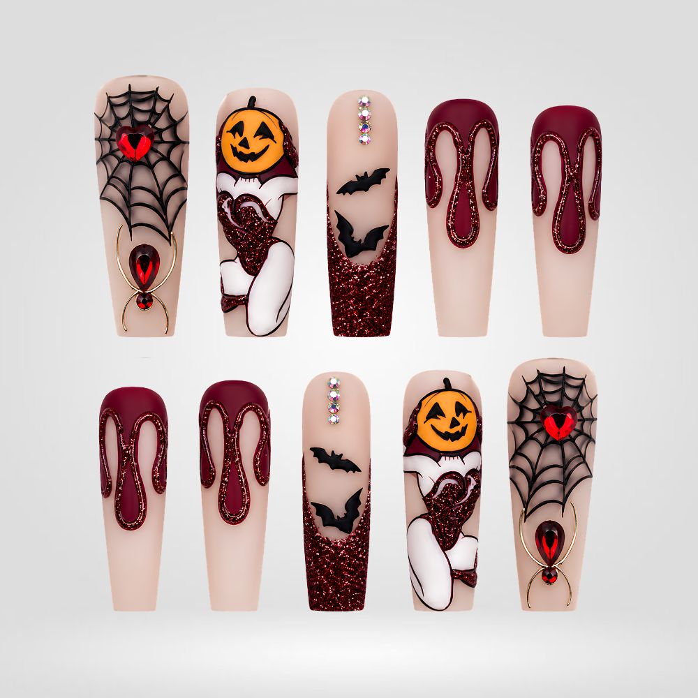 Crimson Web Burgundy Spider & Pumpkin Press-On Nails - Aninail