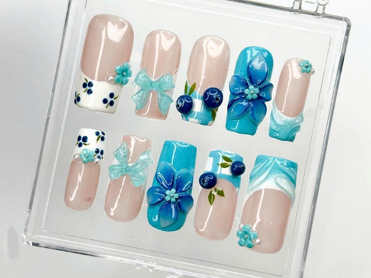 3D Blue Flower Press on Nails | Elegant Blue Floral Nail Art | Handmade Summer Nails | Gift for her | Summer Vibes | Beach nails | OB967DK