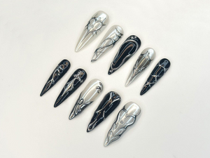 Black Silver Chrome Press On Nails | Gothic Metallic Nail Art | Winter Armor Nails | Holiday Party Nails | Handmade Gift Set | OC1193BK