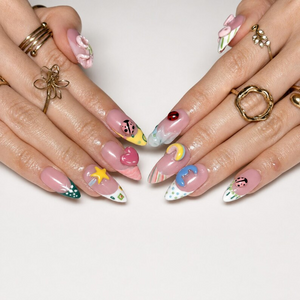 Cute 3D Ladybug Summer Press On Nails Almond • Tropical Pool Party Vibe • Rainbow Star Heart Charm • Colorful French Tip • OB1366DG