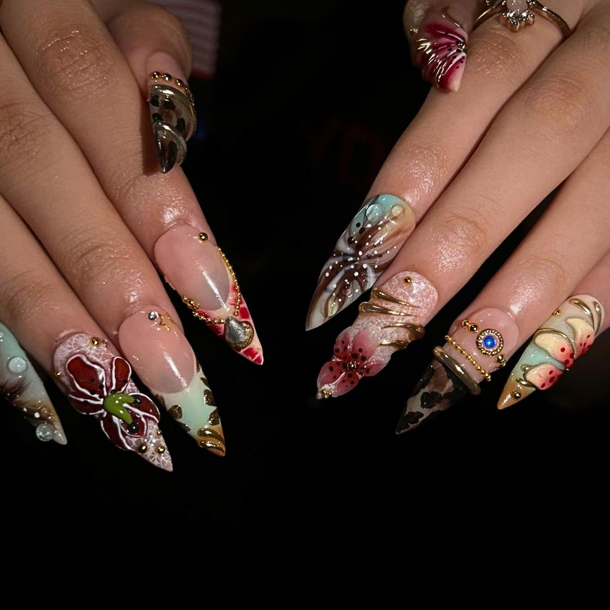 Luxury Floral Press On Nails, Burgundy Gold Nails, 3D Flower Nail Set, Vintage Glam Handmade Press On Nails, OB1377U