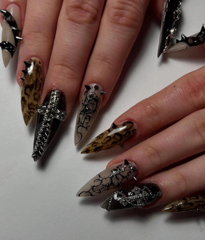 Gothic Punk Stiletto Press On Nails | Leopard Chrome Nail Art | Edgy Studded Nail Design | Alt Fashion Black Nails | OB827HC