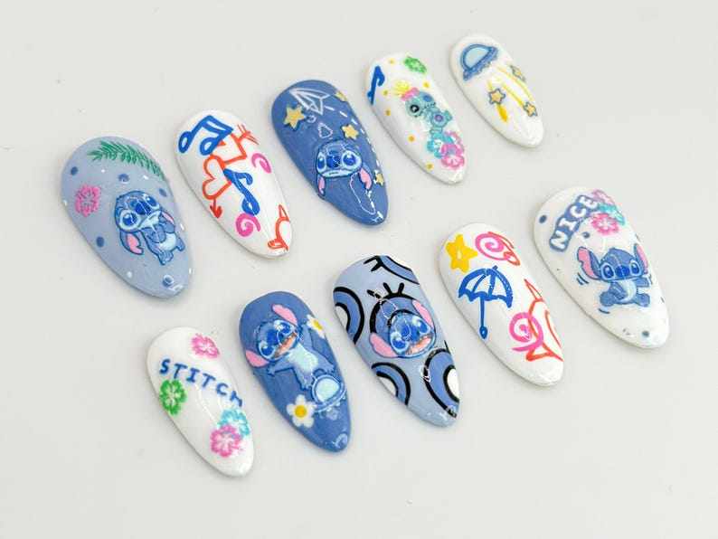 Cute Stitch Cartoon Press-On Nails | Fun Space and Floral Details | Fun and Colorful Stitch Nail Art | For Cartoon Lovers | OC610HC