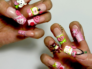 Kawaii Bear Candy Press On Nails | 3D Cute Apple Cherry Nail Art | Pastel Pink Green Y2K Vibes | Cartoon Dessert-Inspired Nails | OB986EC