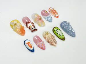 Summer Picnic Mokey Press On Nails | 3D Fruit & Flower Art |Fun Mismatched Vacation Nail Set | Playful Beach Picnic Nail| Cute Nails|OC976HC