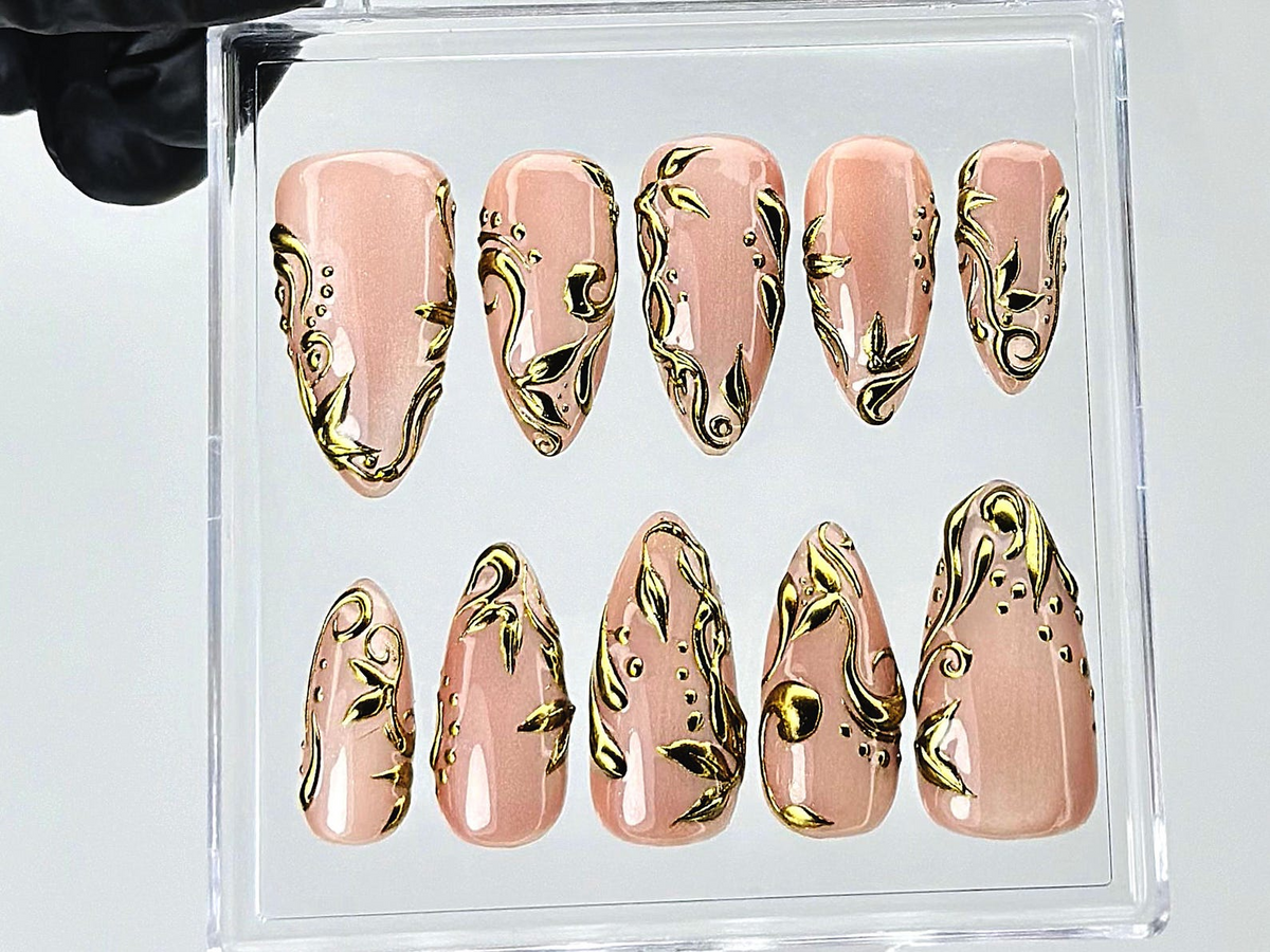 Nude Gold Leaf Press On Nails | Elegant Baroque Swirl Fake Nails | Metallic Accent Luxury Nail Art | Gold Foil Nude Press Ons | OB898YC