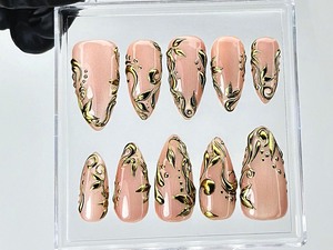 Nude Gold Leaf Press On Nails | Elegant Baroque Swirl Fake Nails | Metallic Accent Luxury Nail Art | Gold Foil Nude Press Ons | OB898YC