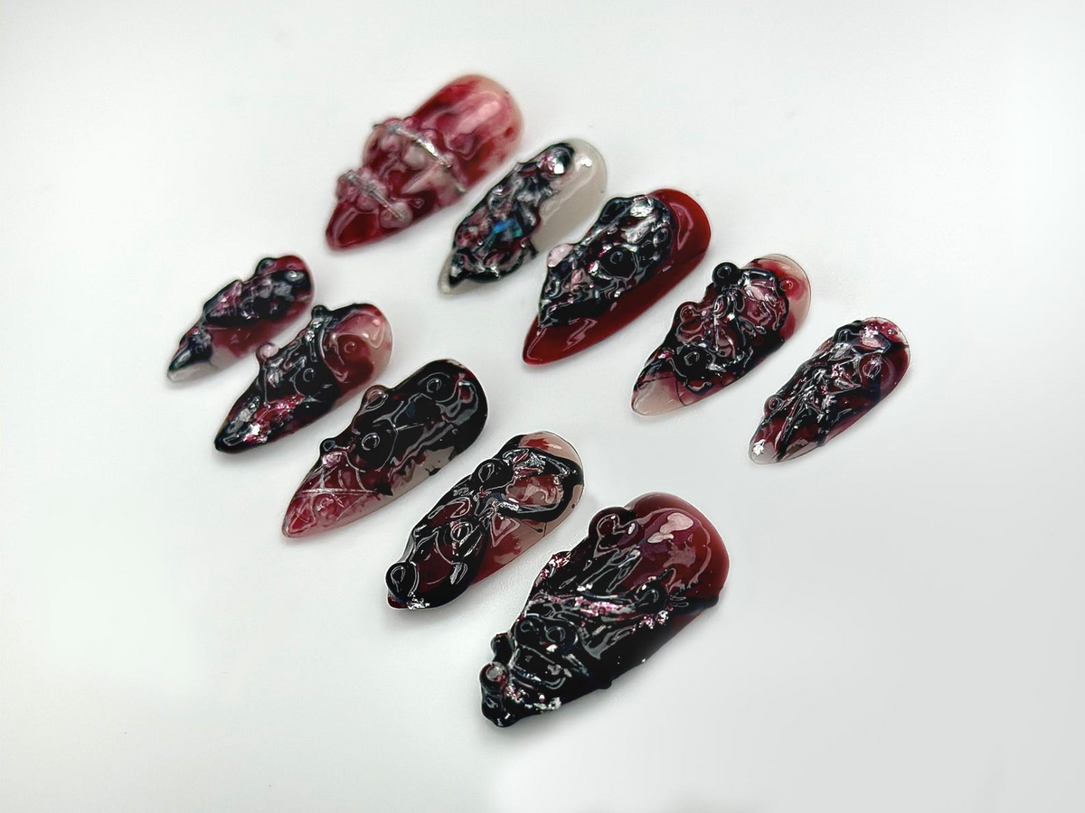 Gothic Blood Veil Press On Nails | 3D Dark Red & Black Texture Nail Art |Horror-Inspired Abstract Nails | Handmade Grunge Press Ons |OB988EC