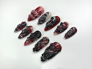 Gothic Blood Veil Press On Nails | 3D Dark Red & Black Texture Nail Art |Horror-Inspired Abstract Nails | Handmade Grunge Press Ons |OB988EC