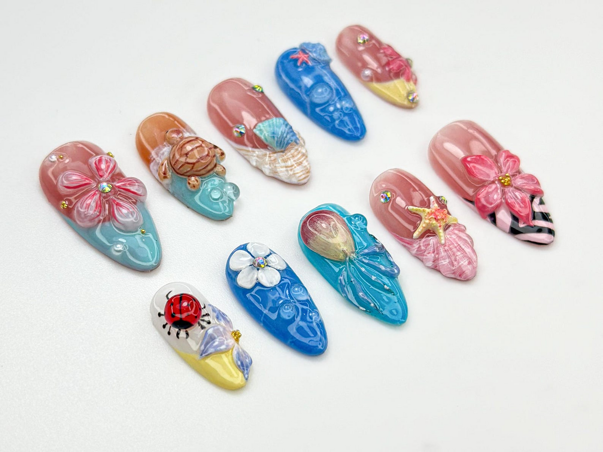 Tropical Sea Turtle Press On Nails | 3D Beach Shell & Starfish Nails | Handmade Summer Mermaid Vibes | Tropical Sea Nail Art | OB809HK