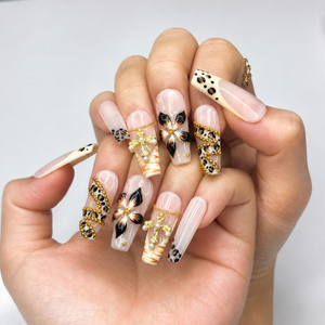Cheetah Leopard Print Fake Nails • Gold Cross Pearl Charm Coffin Shape • Reusable Glue On Nails • Vacation Party Gift for Her • OB438ZG